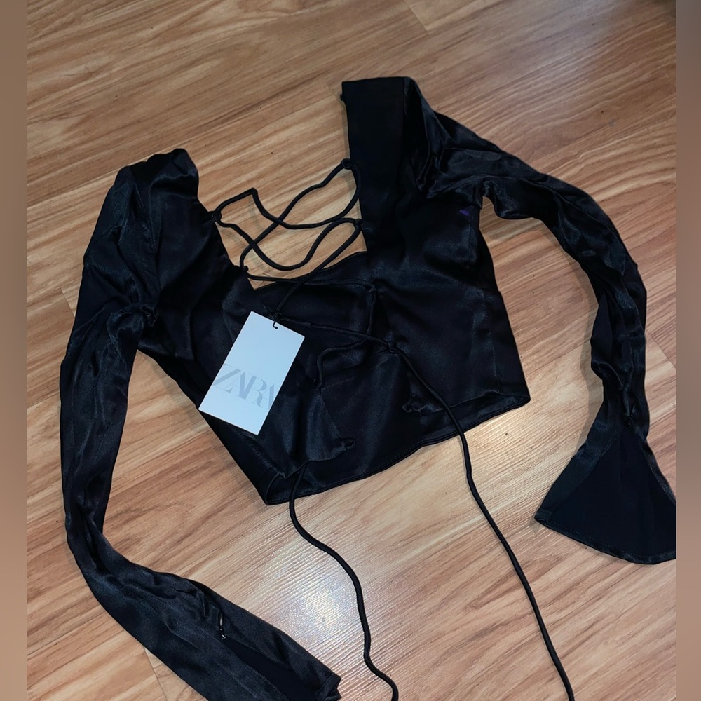 Zara Black Satin Lace-Up crop Blouse
